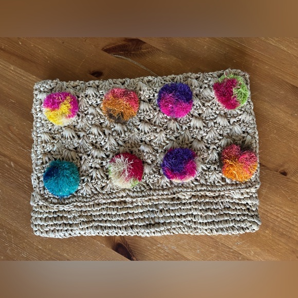 Serpui Marie Woven Straw Clutch with Colorful Pom-Poms Design - Picture 8 of 8
